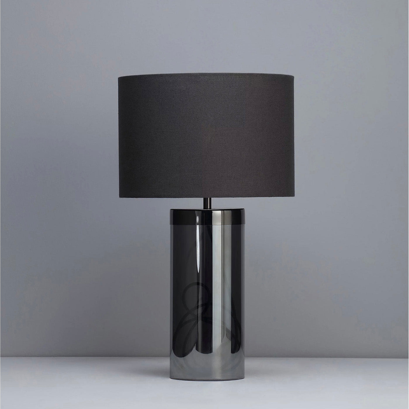 Table Light Glass Ombre Grey Smoke Nickel Effect Cylinder Bedroom Lamp - Image 1