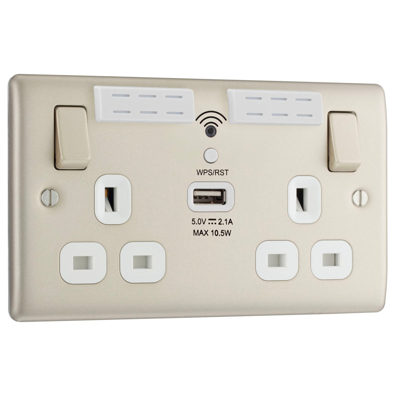 Switched Socket Double WiFi Extender With USB 13A Metal Pearl Nickel Effect - Image 1