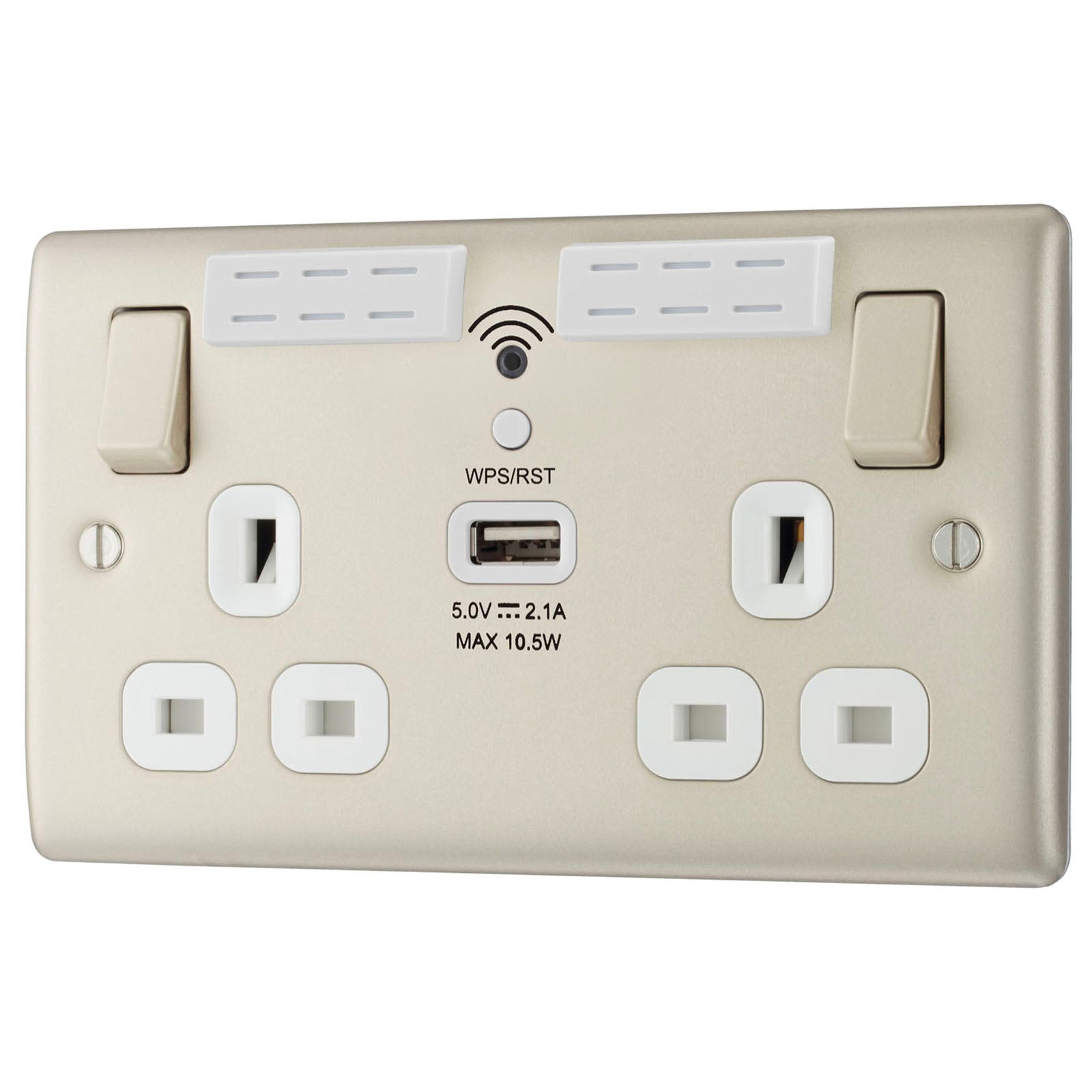 Switched Socket Double WiFi Extender With USB 13A Metal Pearl Nickel Effect - Image 2