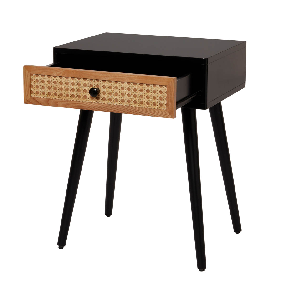 Bedside Table Cabinet 1 Drawer MDF Matt Black Rattan Effect (H)580(W)450(D)450mm - Image 3