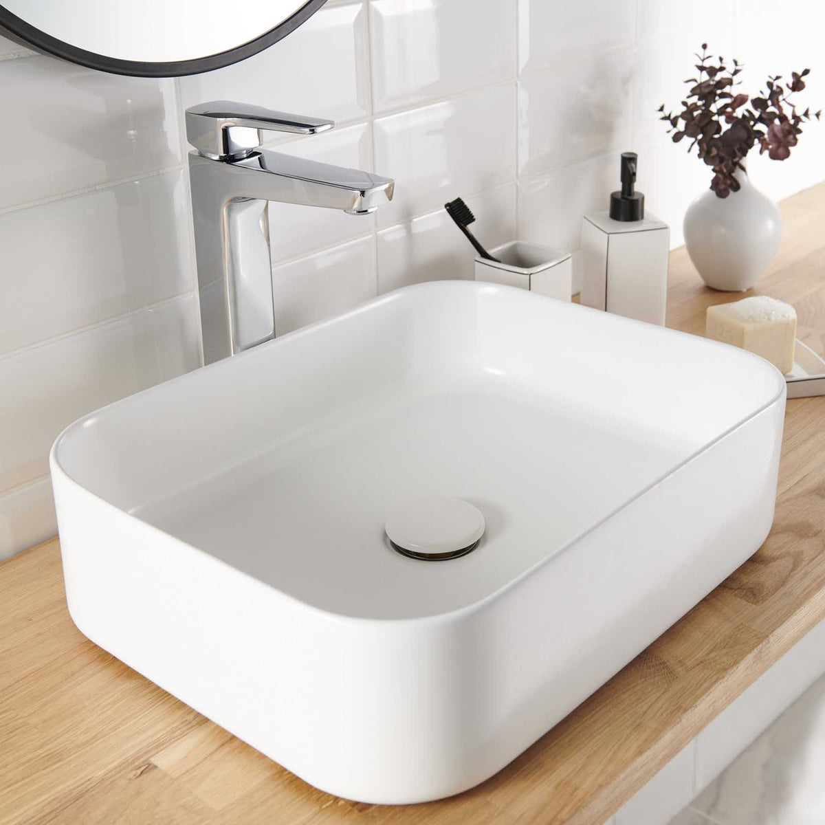 Bathroom Basin Sink Matt White Rectangular Counter Top Modern Hand Wash (W)45cm - Image 1
