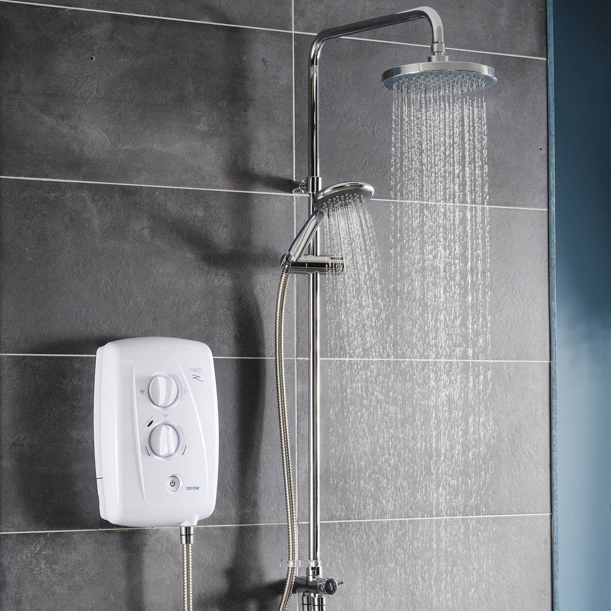 Triton Electric Shower Mixer Chrome 5-Spray Pattern Round Twin Head 9.5kW - Image 2