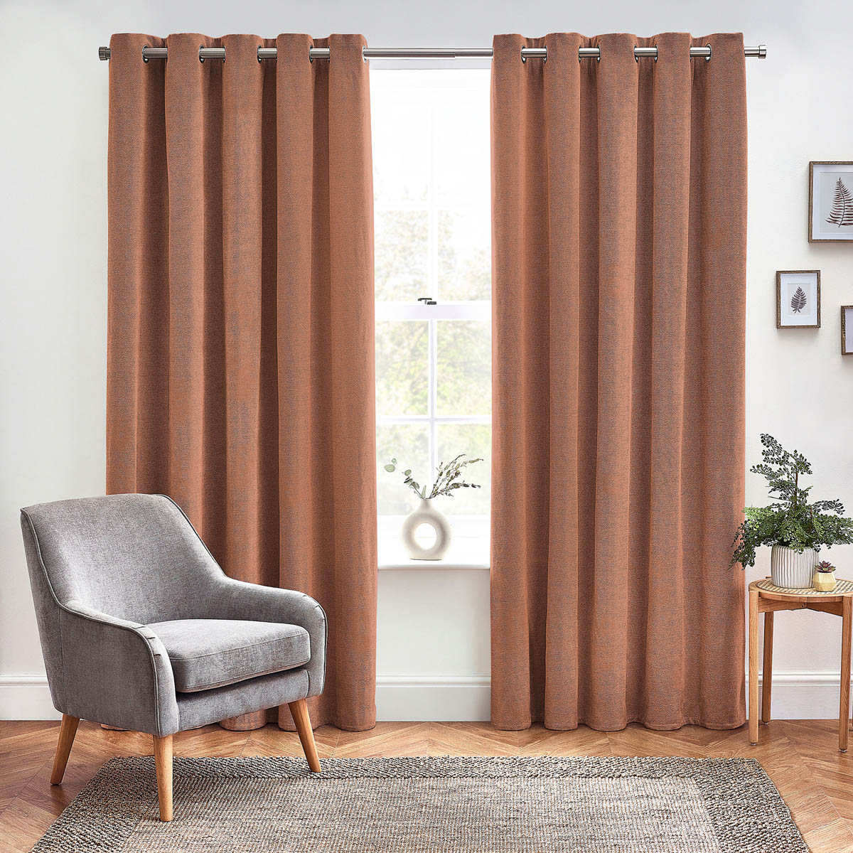 Curtains Pair Terracotta Herringbone Chenille Lined Eyelet (W)228cm (L)228cm - Image 2