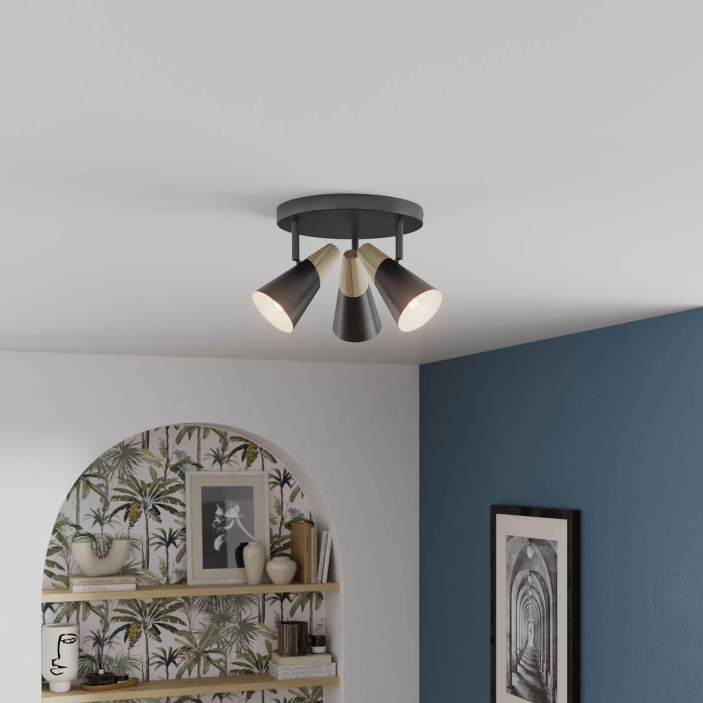 LED Ceiling Spotlight 3 Way Multi Arm Matt Black Wooden Adjustable Heads Modern - Image 3