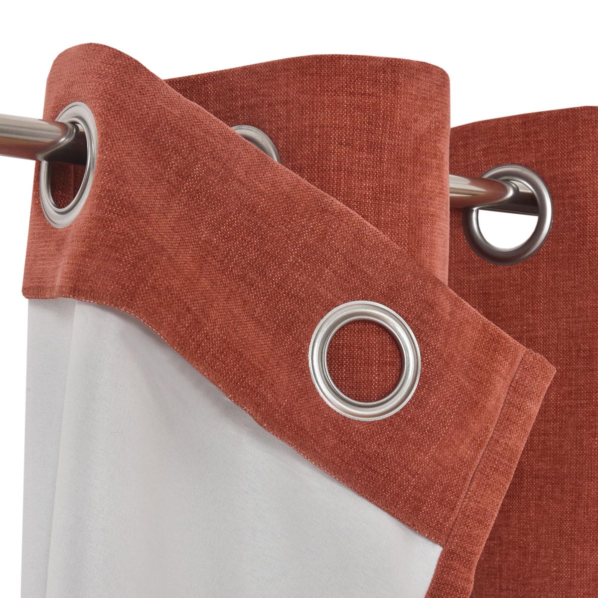Eyelet Curtain Pair Terracotta Red Plain Woven Lined Chenille Effect W167 L228cm - Image 4