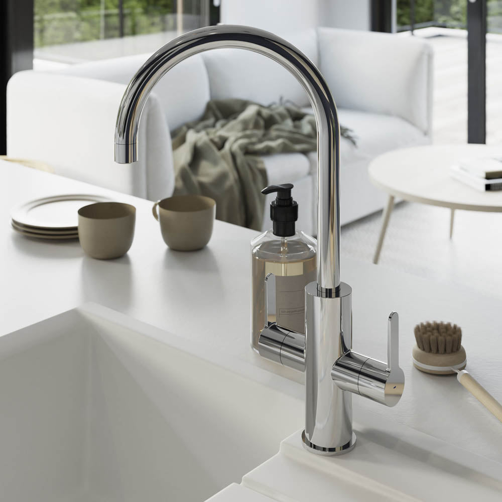 Kitchen Tap Mixer Chrome Dual Lever Swivel Spout Brass Steel Contemporary Faucet - Image 2