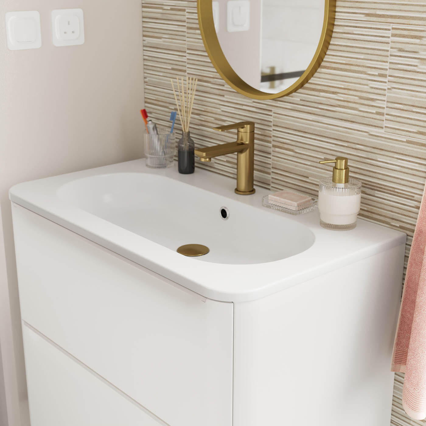 Bathroom Vanity Basin Sink Satin White Rectangular Resin Waste Modern 80.4cm - Image 3