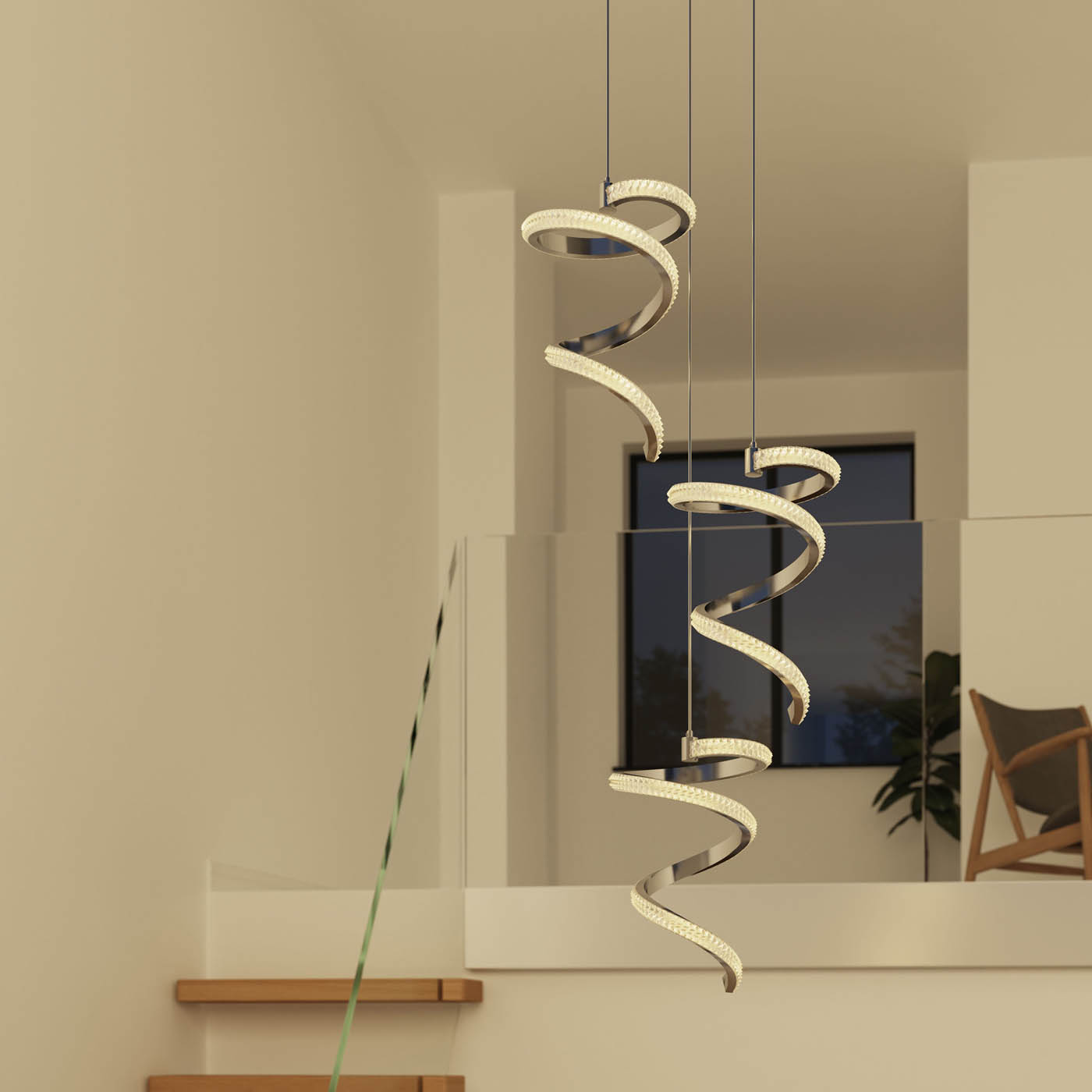 Ceiling Light LED Warm White 3000lm Geometric Chrome Pendant 28W Modern (H)1.27m - Image 2