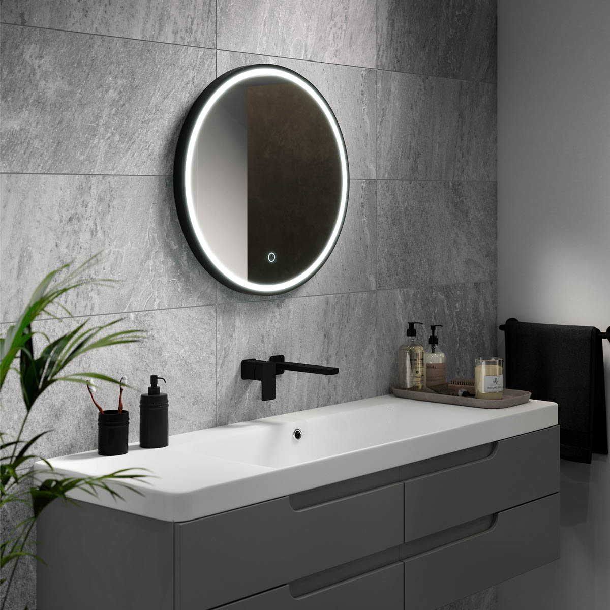 Sensio Bathroom Illuminated Mirror Matt Black Circular Modern (H)60cm (W)60cm - Image 1