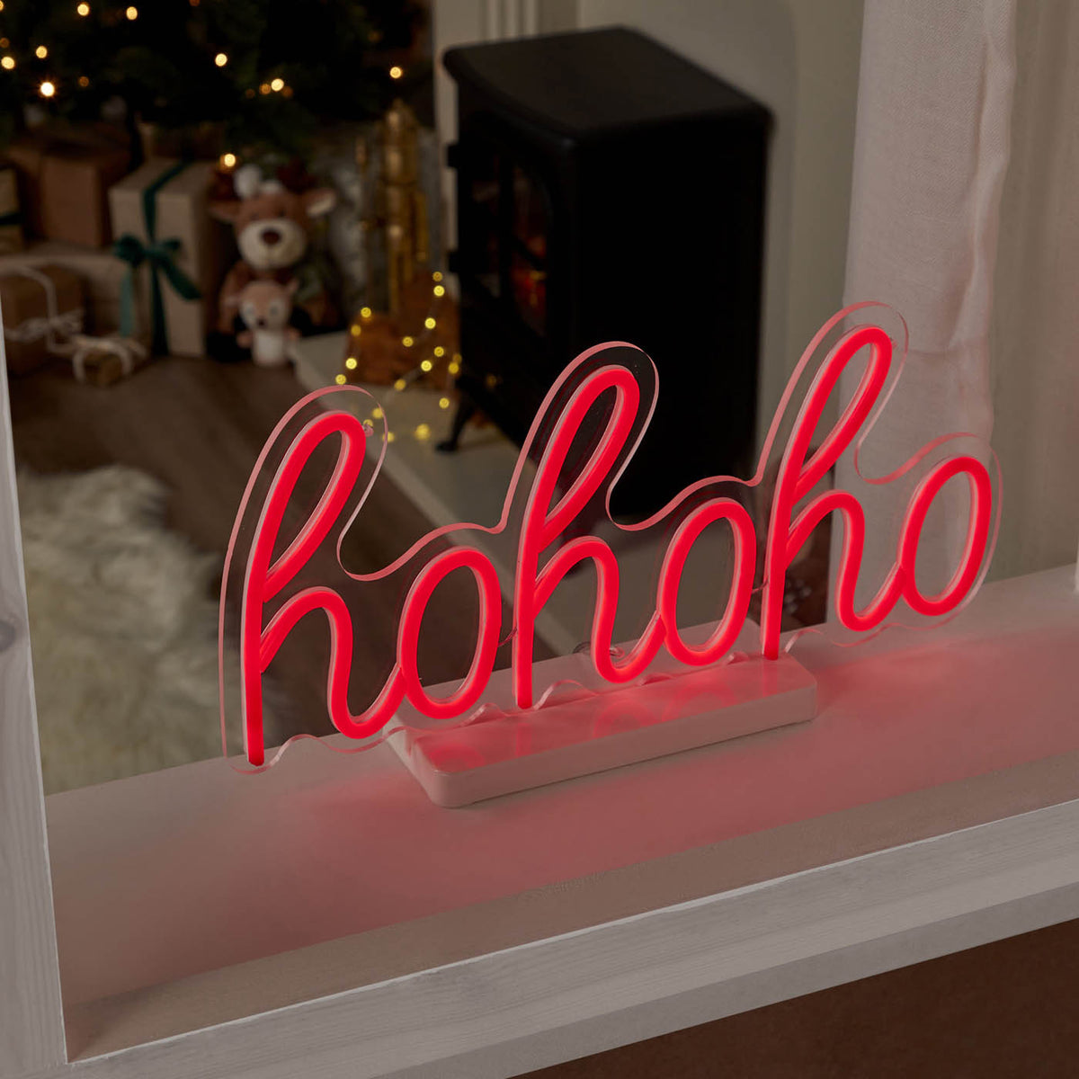 878 Christmas LED Silhouette Hohoho Indoor Pre-lit Red Light Timer Decoration - Image 1