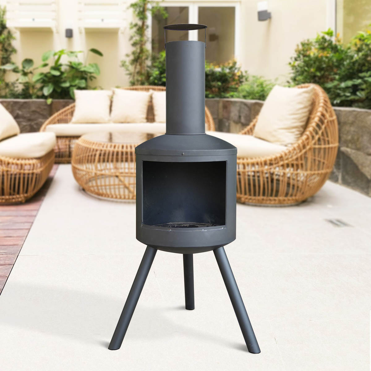 Outdoor Chiminea Steel Black Fire Pit Garden Wood Compact (H) 135.5 x (W) 64.2cm - Image 4