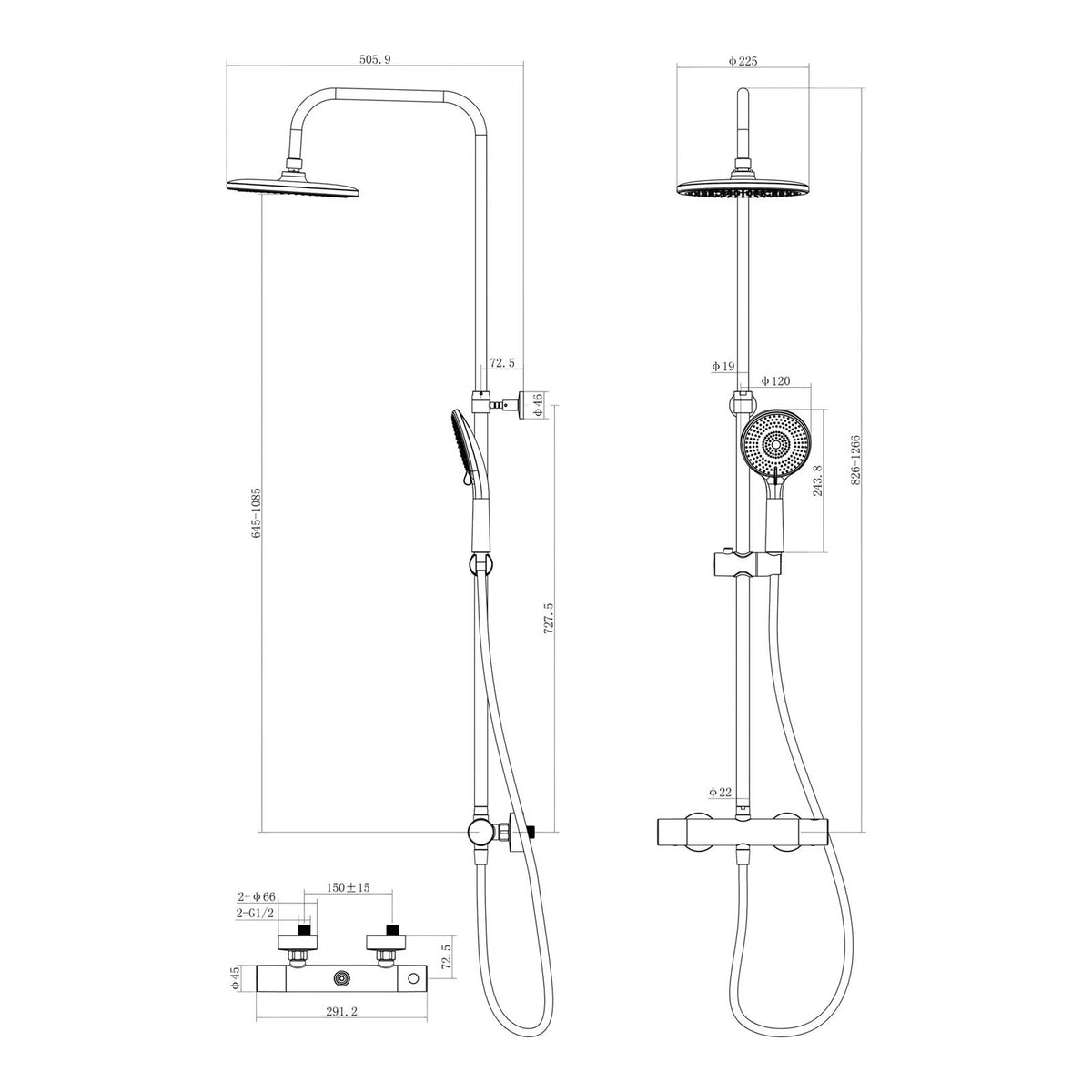 Hanalei Thermostatic Mixer Shower Matt Black Dual Round Head Bathroom Modern - Image 2