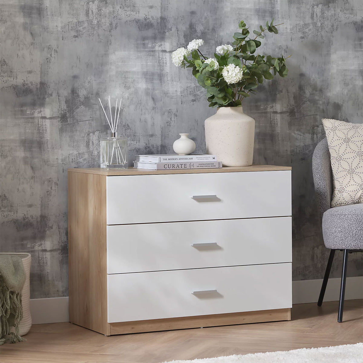Hadwell 3 Drawer Chest White Natural Oak Effect Bedroom Storage Unit - Image 1