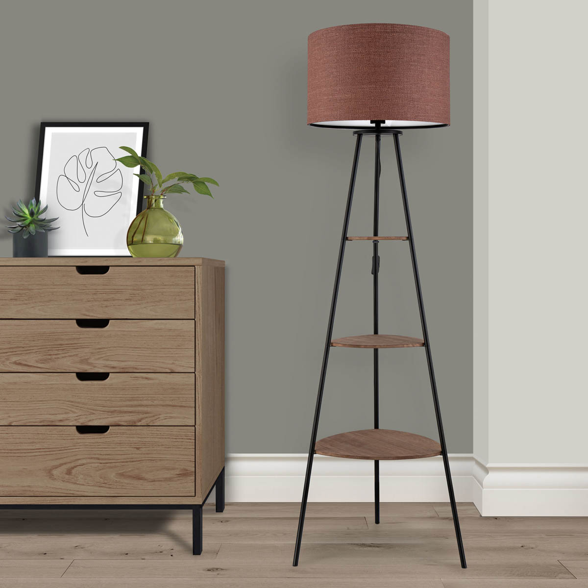 Floor Lamp 3 Tier Shelf Matt Terracotta Fabric Metal Living Room Modern 155cm - Image 4