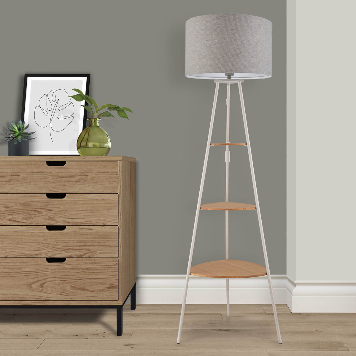 Aspen Floor Lamp With Shelves Matt Grey Drum Shade Modern Livingroom (H)155cm - Image 4