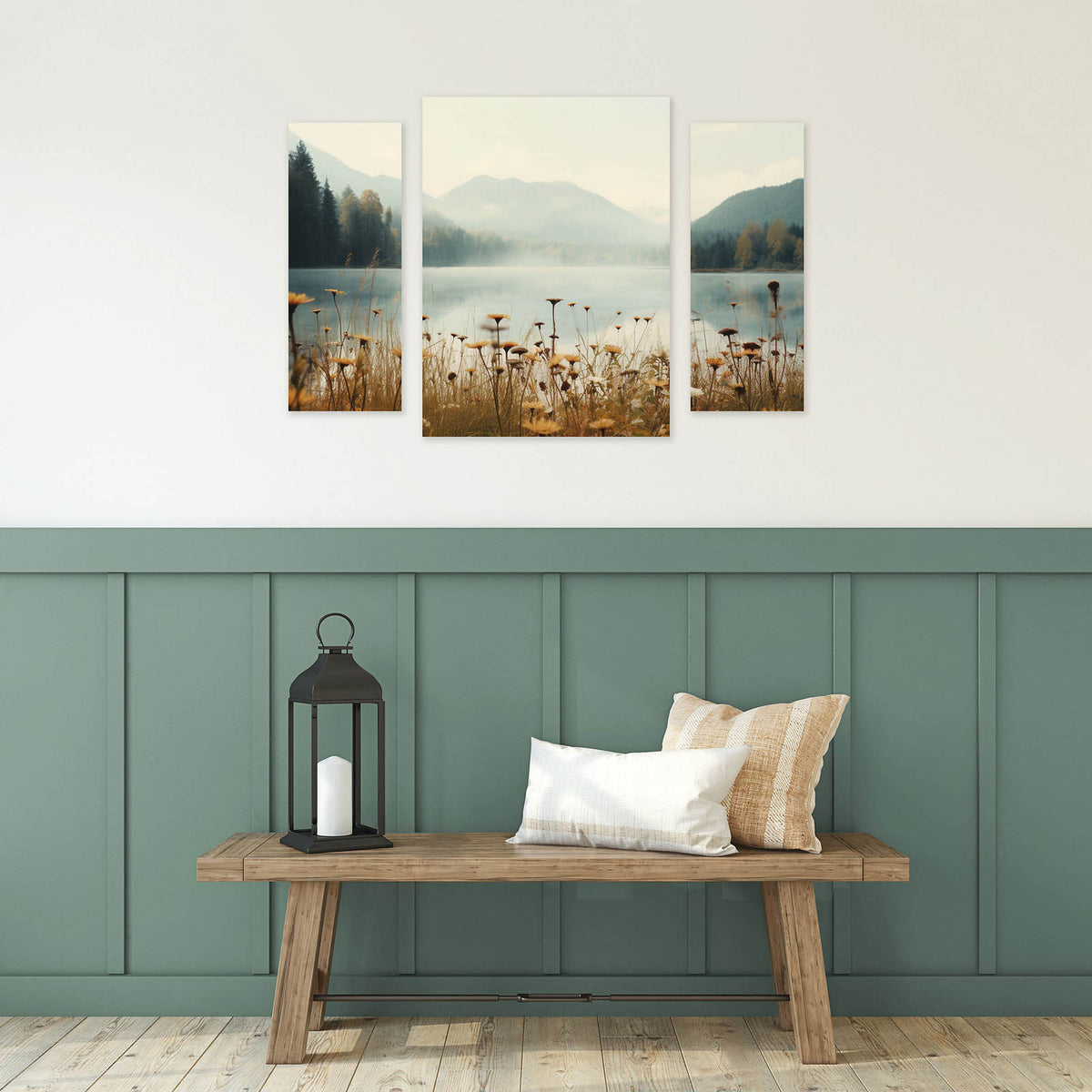 Arthouse Canvas Art Mountain Lake Earth Tones Landscape Wall Picture Set Of 3 - Image 1
