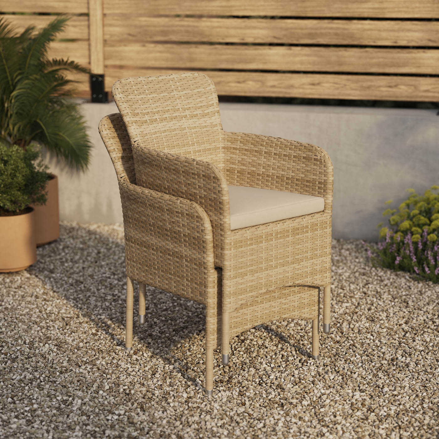 Garden Furniture Bistro Set 2 Seater Beige Rattan Effect Armchair Table Patio - Image 6