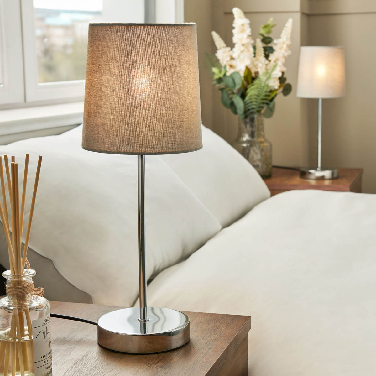 Inlight Table Lamp Pair Grey Round Polished Mirrored Chrome Effect Touch Control - Image 1