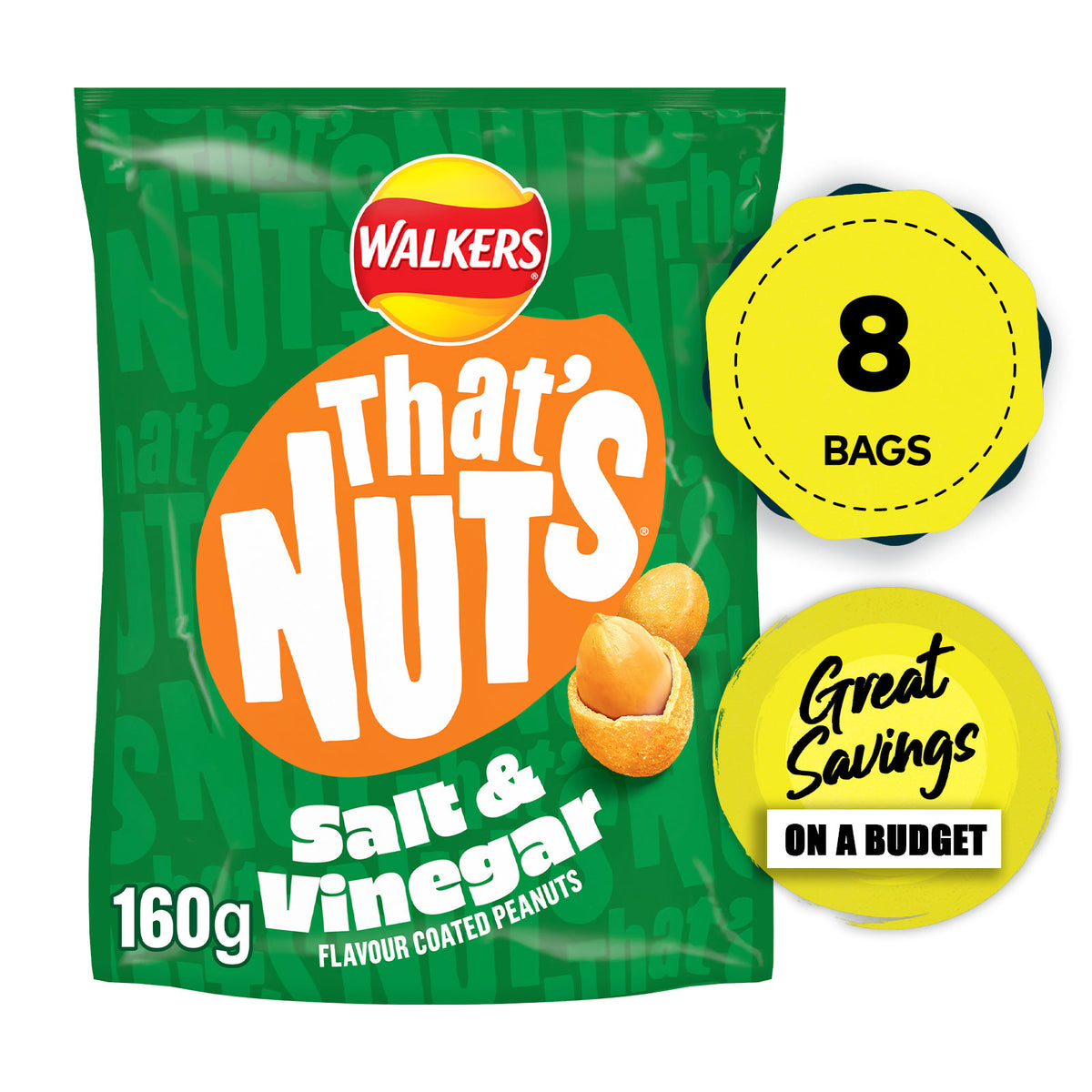 That’s Nuts Walkers Salt Vinegar Sharing Coated Peanuts 8 x 160g - Image 1