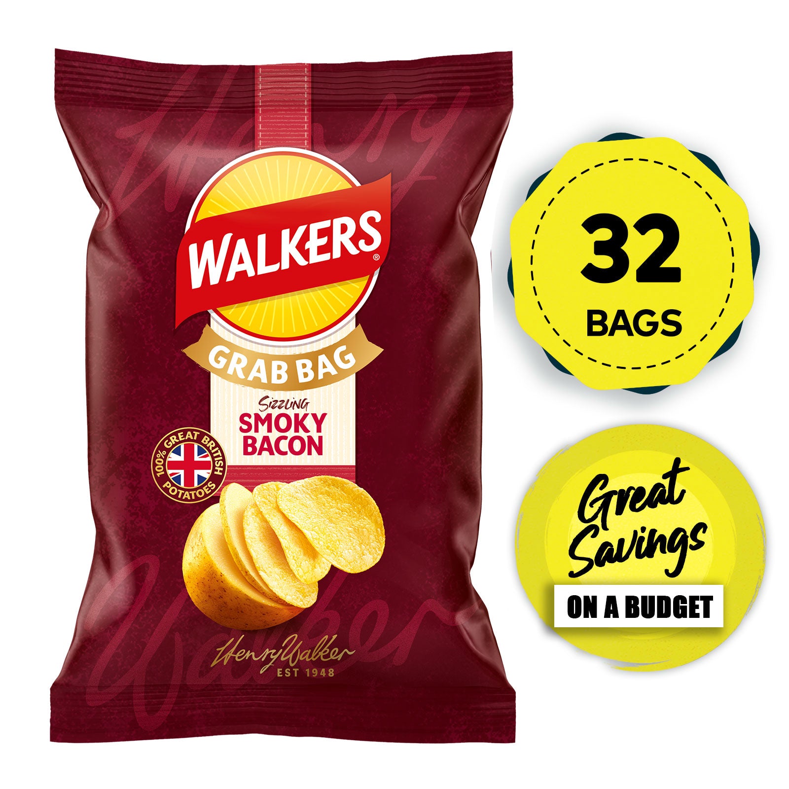 Walkers Crisps Smokey Bacon Snack Sharing Box of 32 x 45g - Image 1