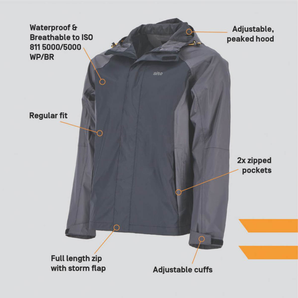 Site Work Jacket Mens Grey Black Waterproof Coat Hood 2X Large Size 57" Chest - Image 3