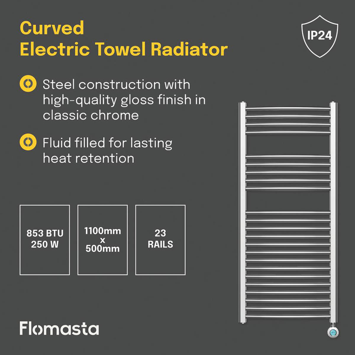 Flomasta Electric Towel Radiator Curved Gloss Chrome 1100mm x 500mm 853BTU - Image 4