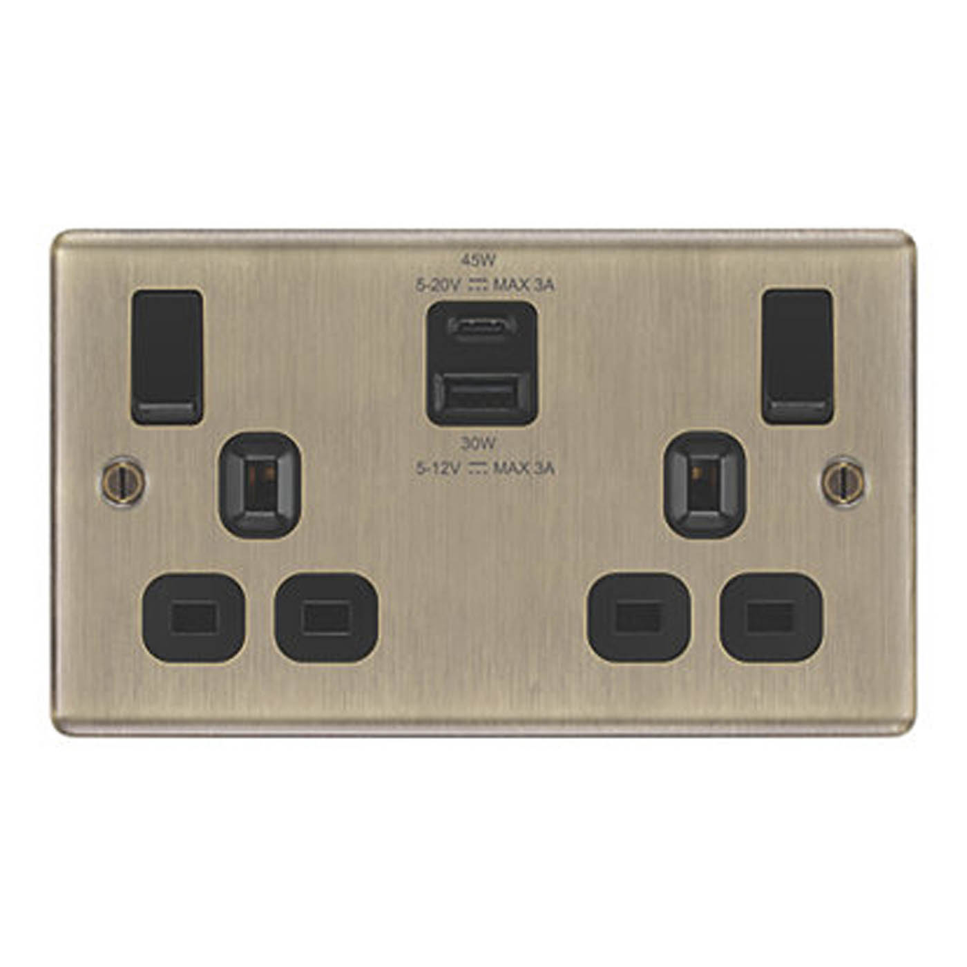 LAP Switched Socket With USB 2-Outlet Antique Brass 13A 2-Gang SP 3A 45W - Image 1