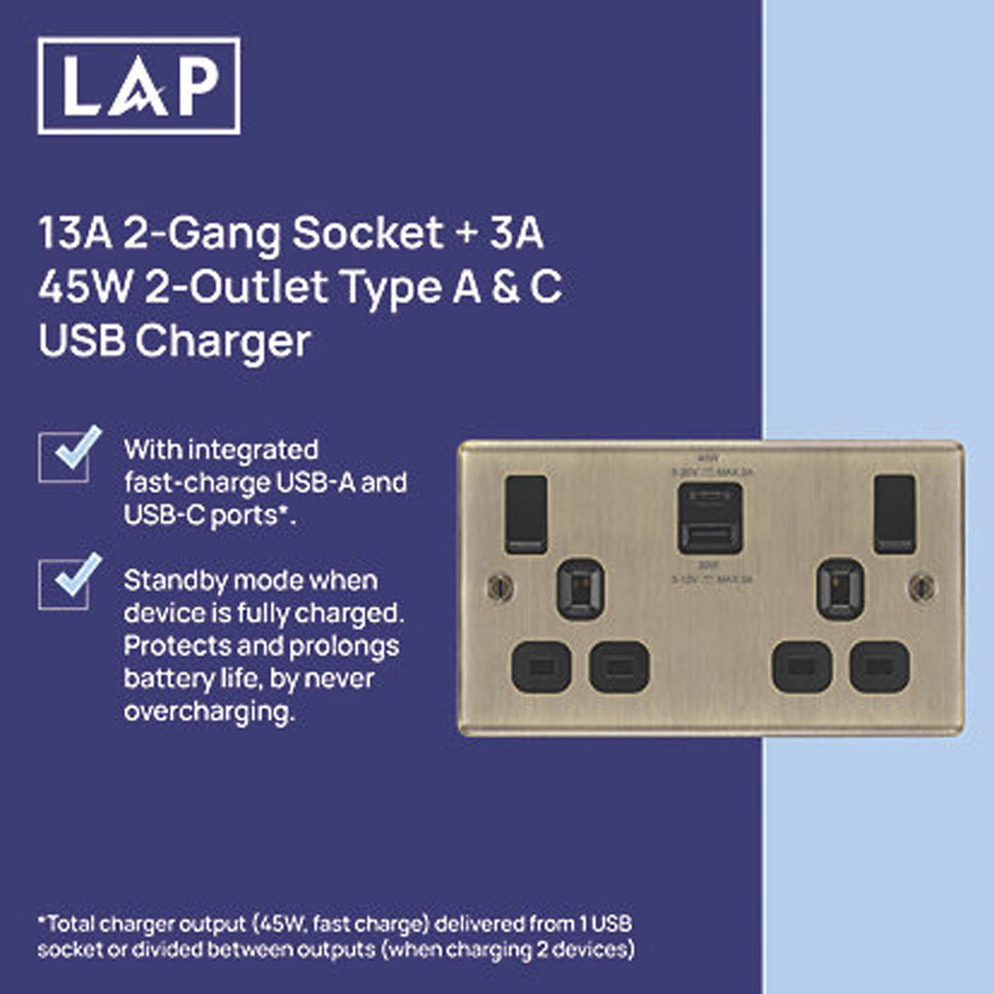 LAP 13A 2-Gang SP Switched Socket 3A 45W 2-Outlet USB Charger Antique Brass - Image 3