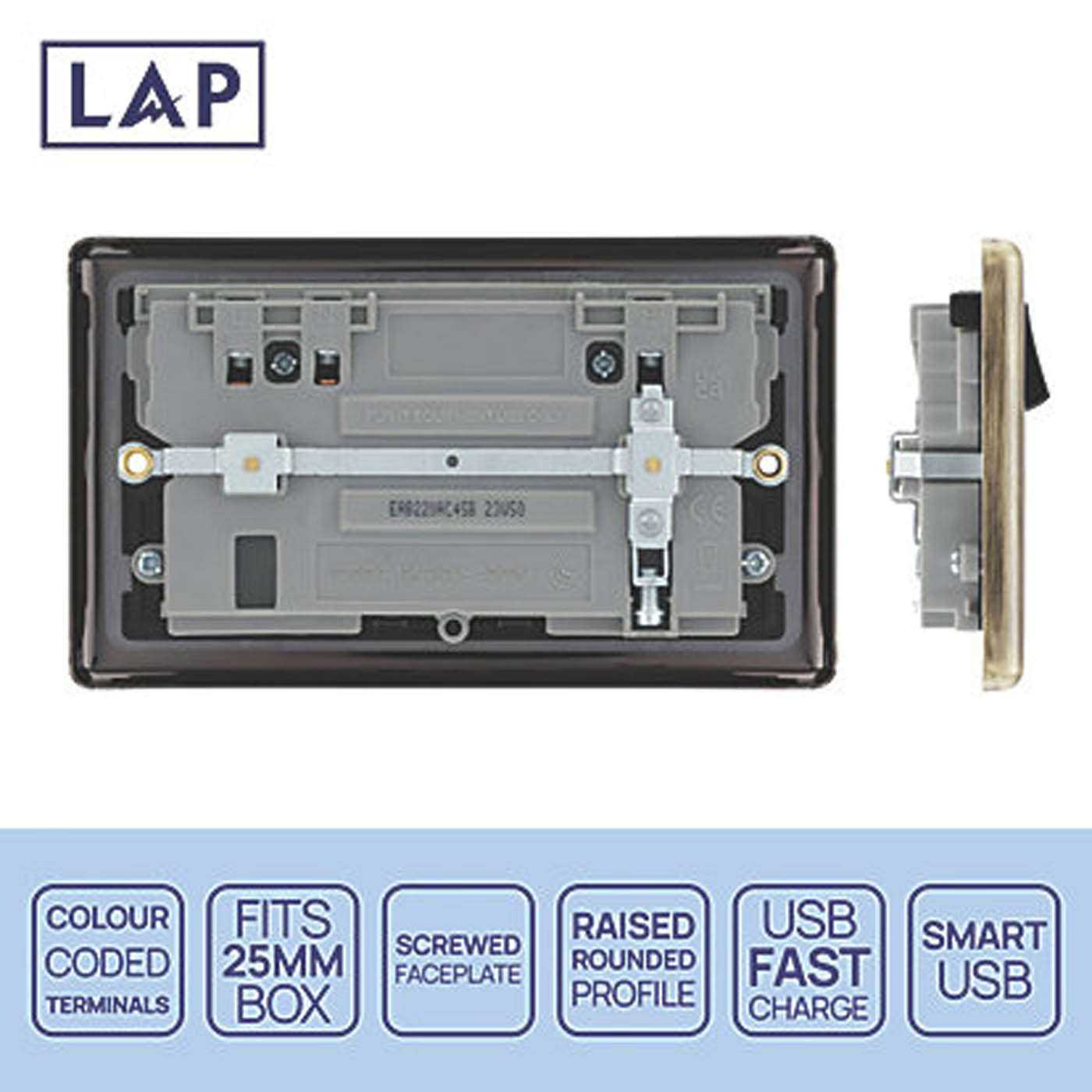 LAP Switched Socket With USB 2-Outlet Antique Brass 13A 2-Gang SP 3A 45W - Image 4