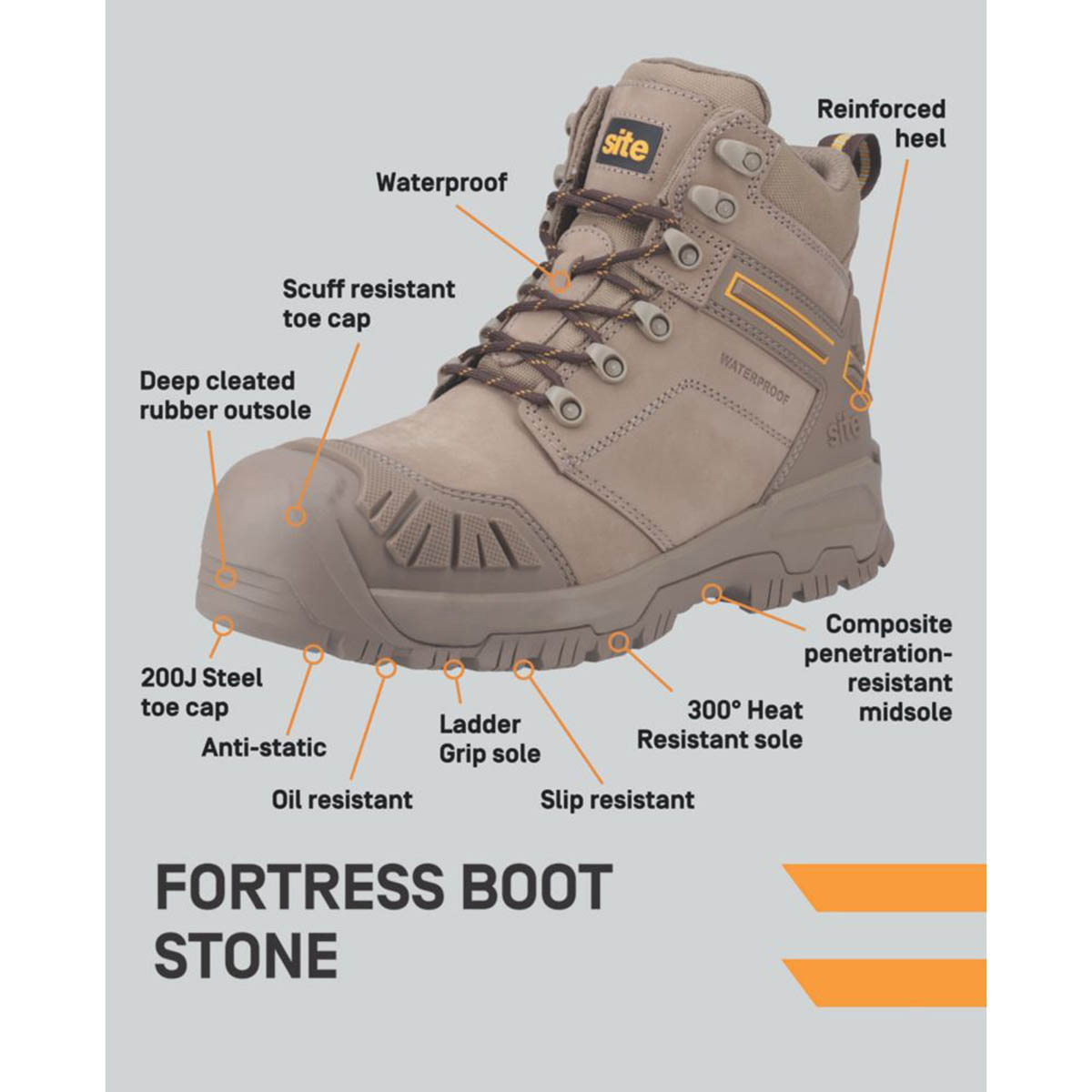 Site Mens Safety Boots Fortress 2.0 Stone Water-Resistant Steel Toe Cap Size 12 - Image 2