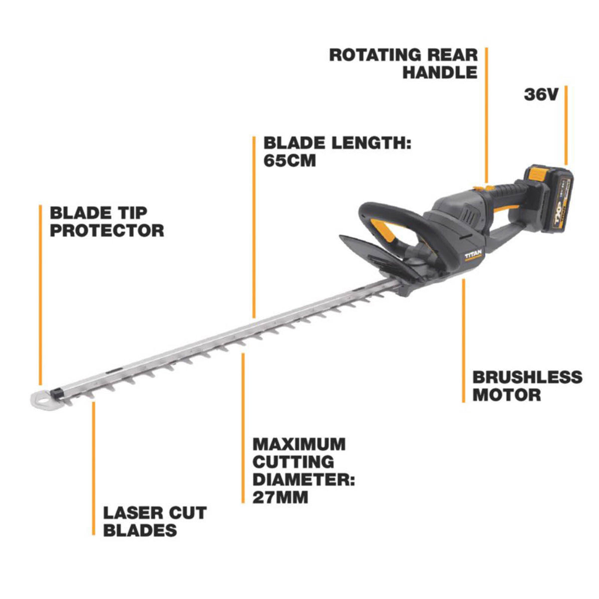 Titan TTT1210GHT 65cm 36V 1 x 4.0Ah Li-Ion TXP Brushless Cordless Hedge Trimmer - Image 3