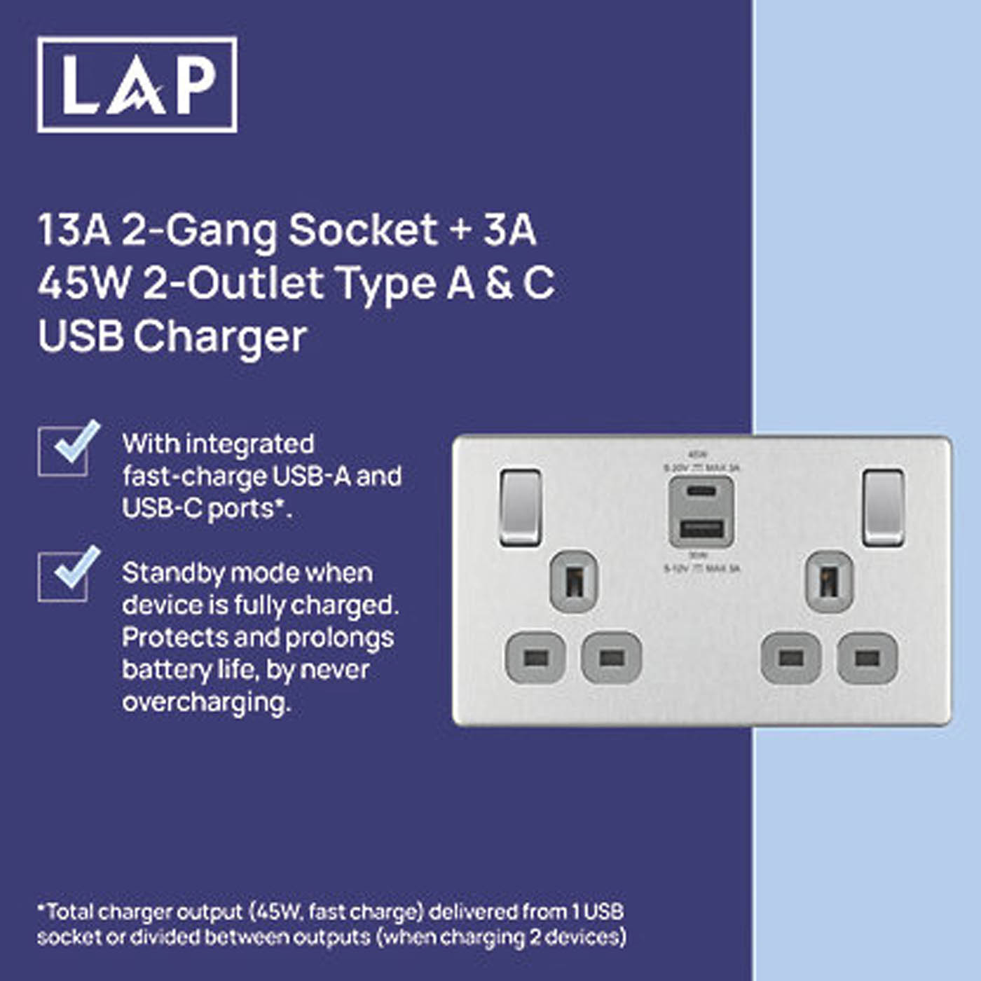 LAP Switched Socket With 2-Outlet USB 13A 2-Gang Brushed Steel SP 3A 45W Charger - Image 3