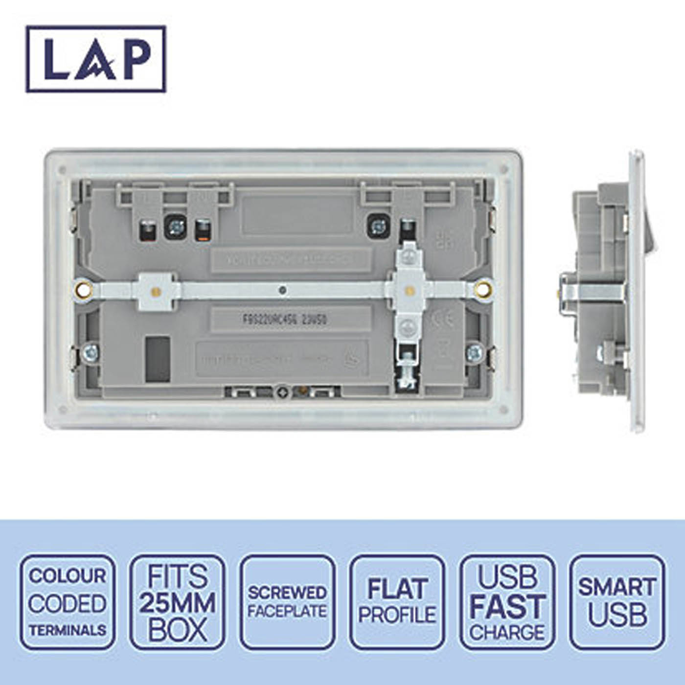 LAP Switched Socket With 2-Outlet USB 13A 2-Gang Brushed Steel SP 3A 45W Charger - Image 4