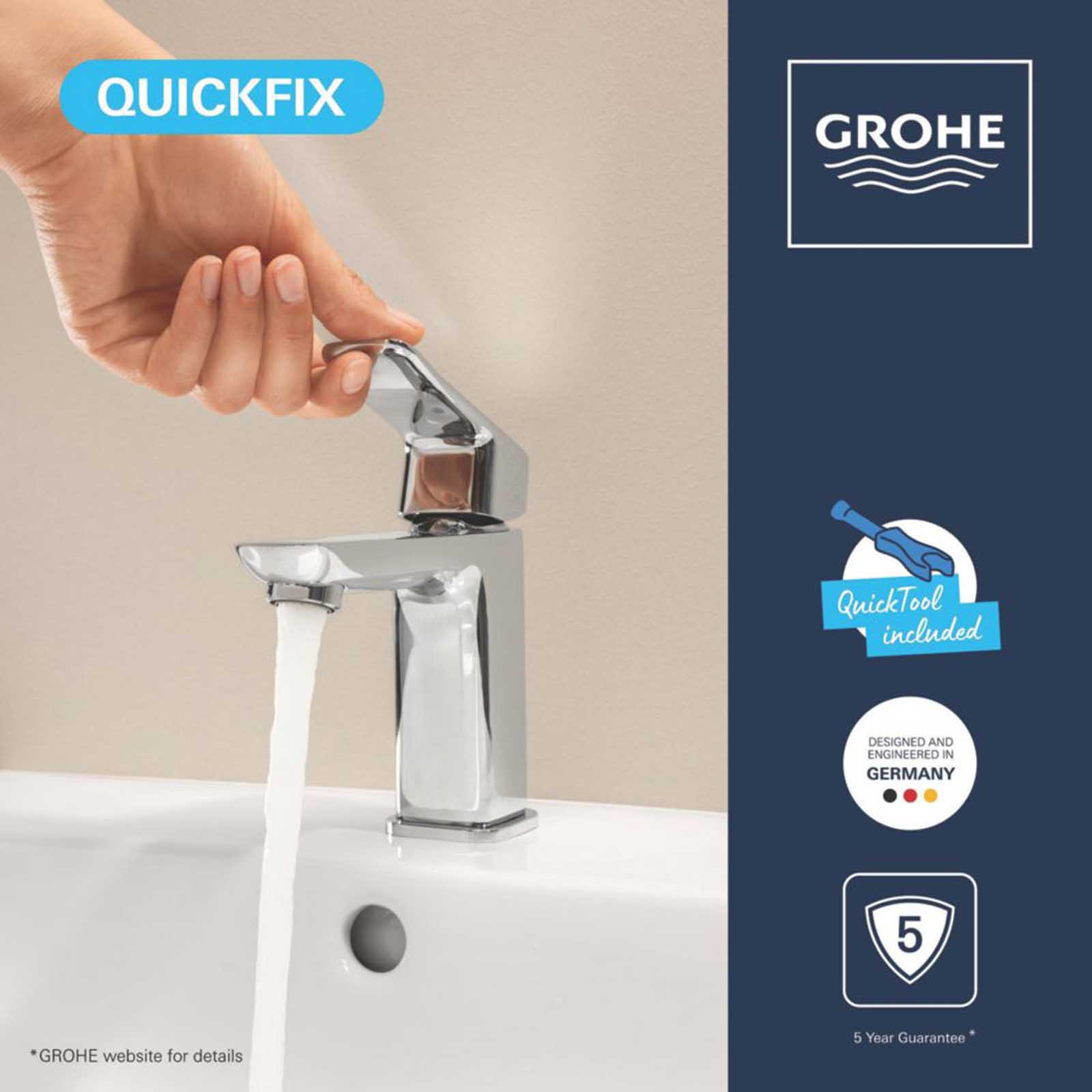 Grohe Dice Chrome 185mm Standard Lever Mono Basin Mixer Tap With Clicker Waste - Image 5