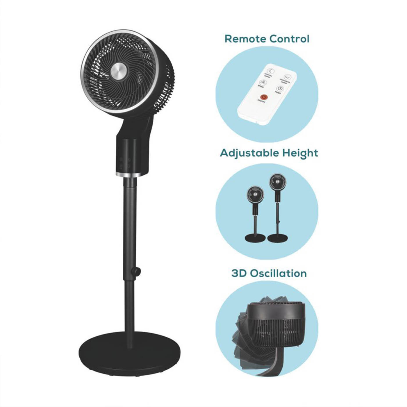 TCP Pedestal Fan 255mm Black & Silver 3-Speed 3D Oscillation Remote Control 240V - Image 6