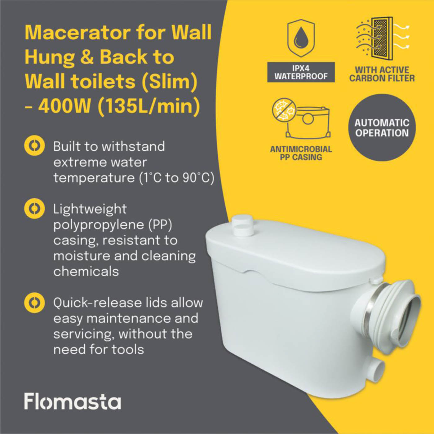 Flomasta Macerator WC And Bathroom White Heavy Duty Automatic Activation 400W - Image 2