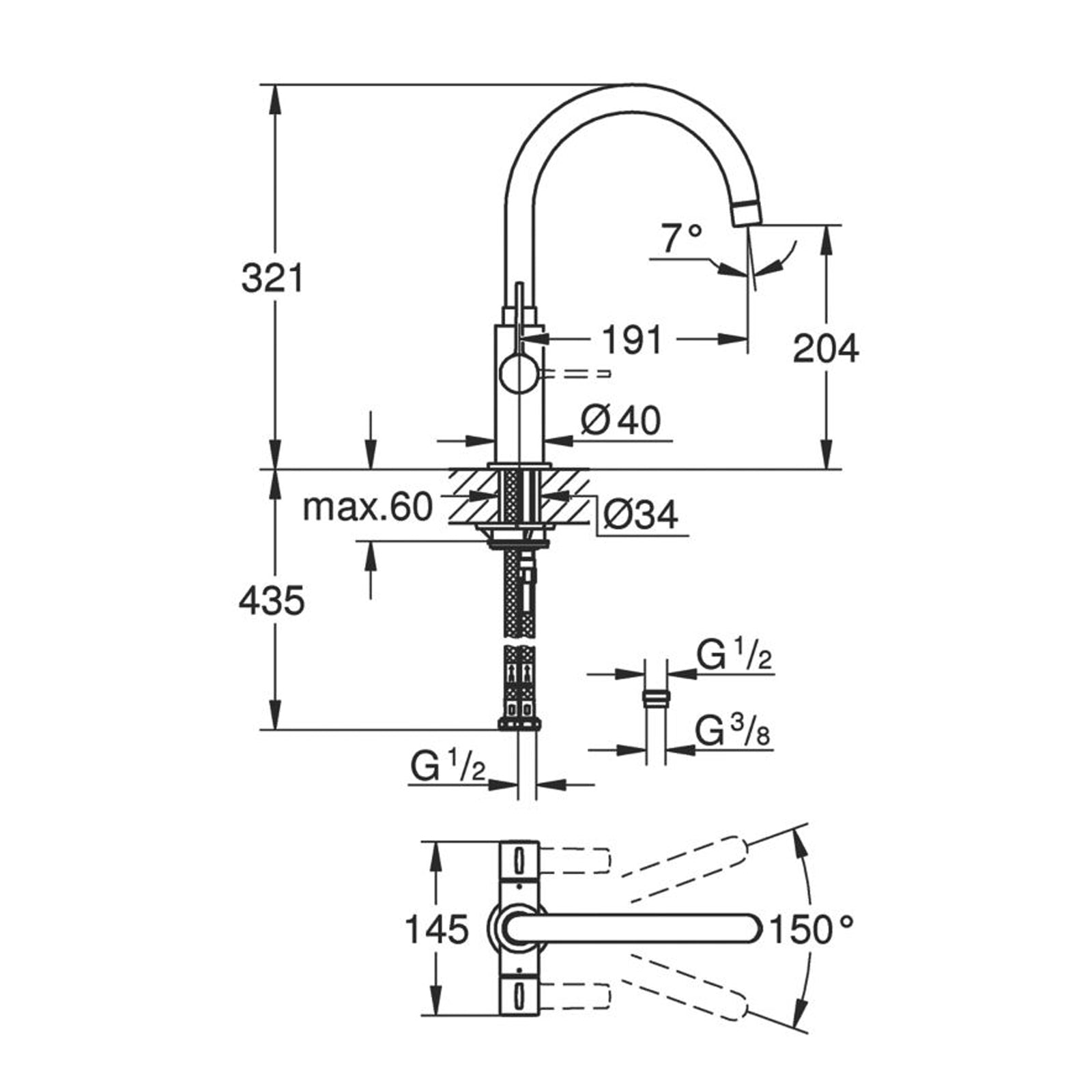 Grohe Kitchen Tap Mono Mixer Double Lever Chrome Ceramic Disc Swivel Spout - Image 5