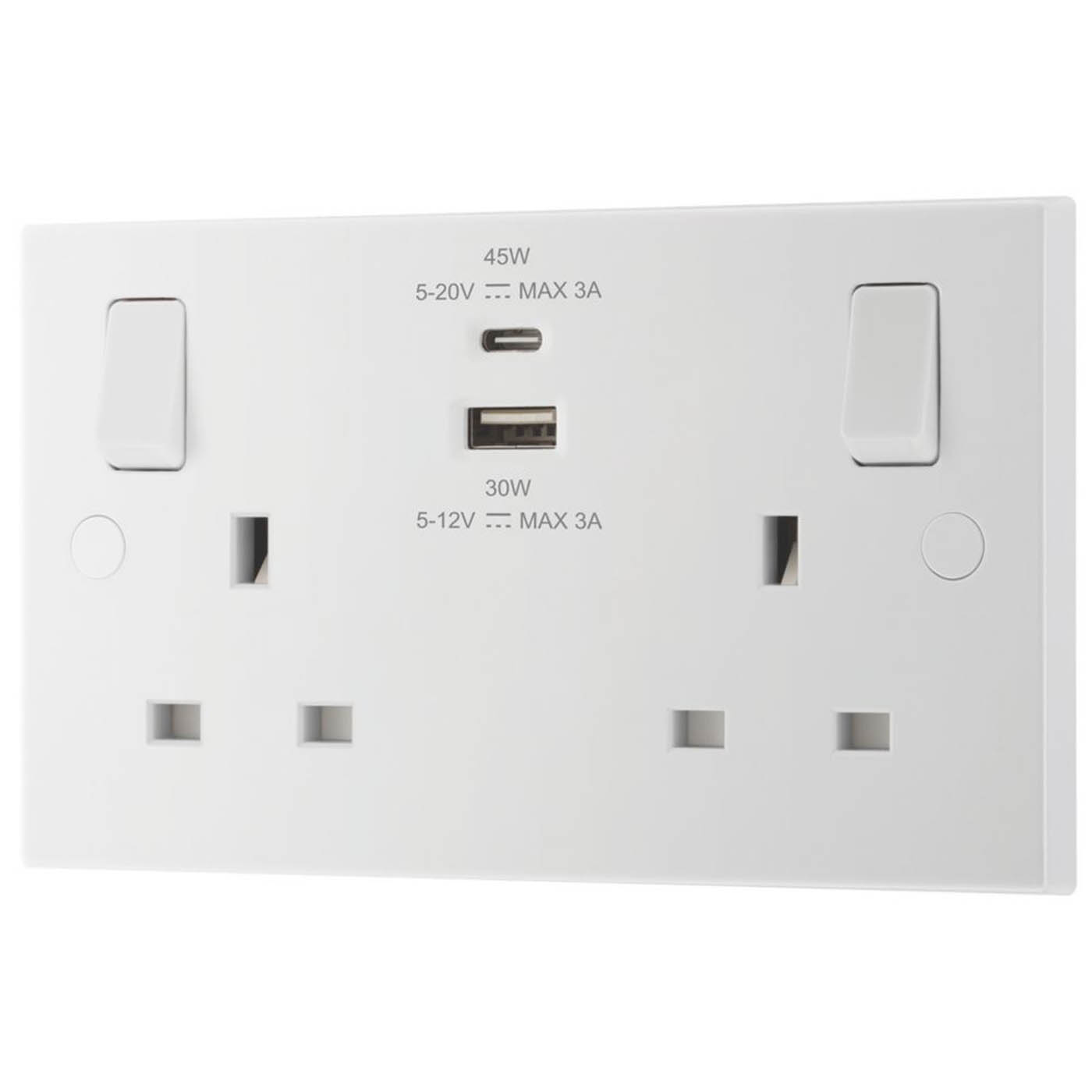 British General Wall Socket 2 Gang Single Pole Switched A And C USB White 13A - Image 1