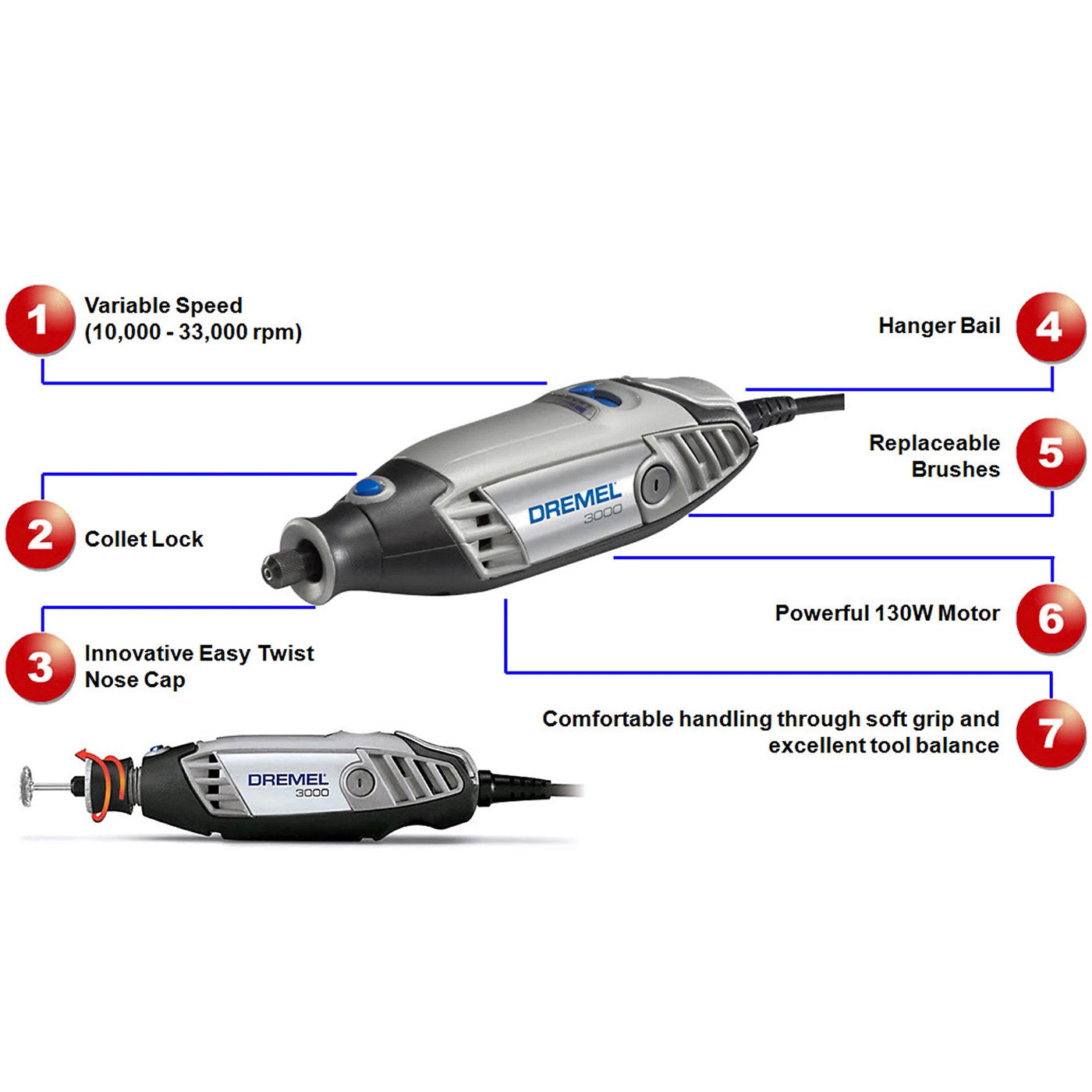 Dremel Rotary Multi Tool Electric 3000 Soft Grip Compact Accessories 130W - Image 3