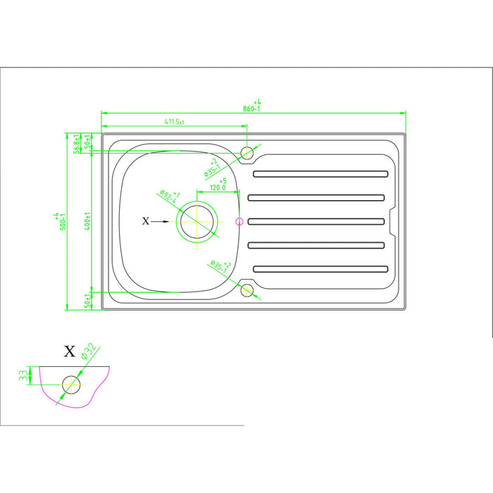 Kitchen Sink 1 Bowl Polished Inox Stainless Steel Reversible 500mm x 860mm - Image 3
