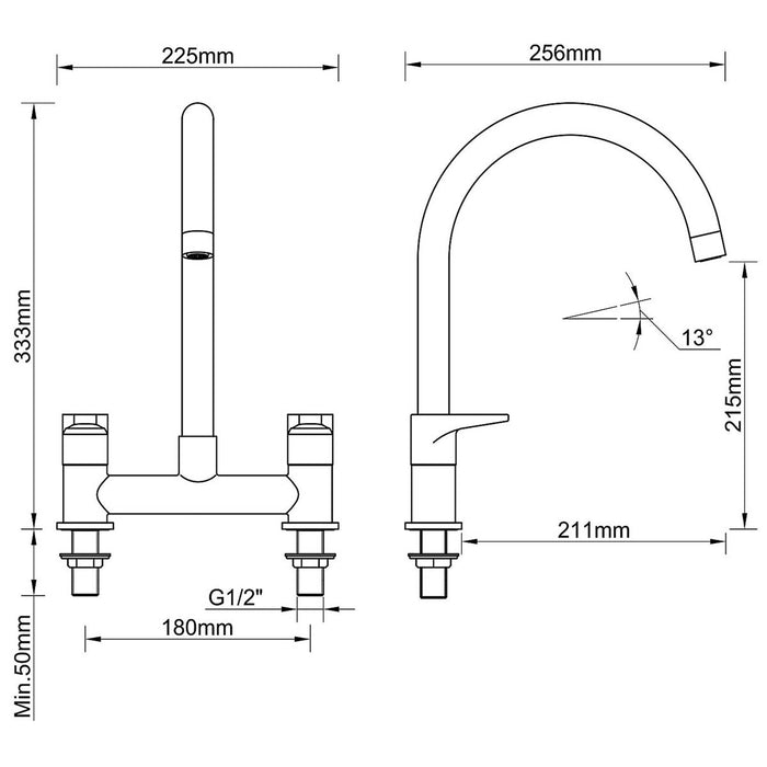 Kitchen Mixer Tap Bridge Dual Lever Swivel Spout Chrome Effect Modern - Image 5