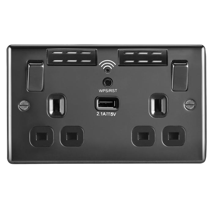 WiFi Extender Socket USB 13A 2-Gang Raised Slim Sleek Switched Black Nickel - Image 1