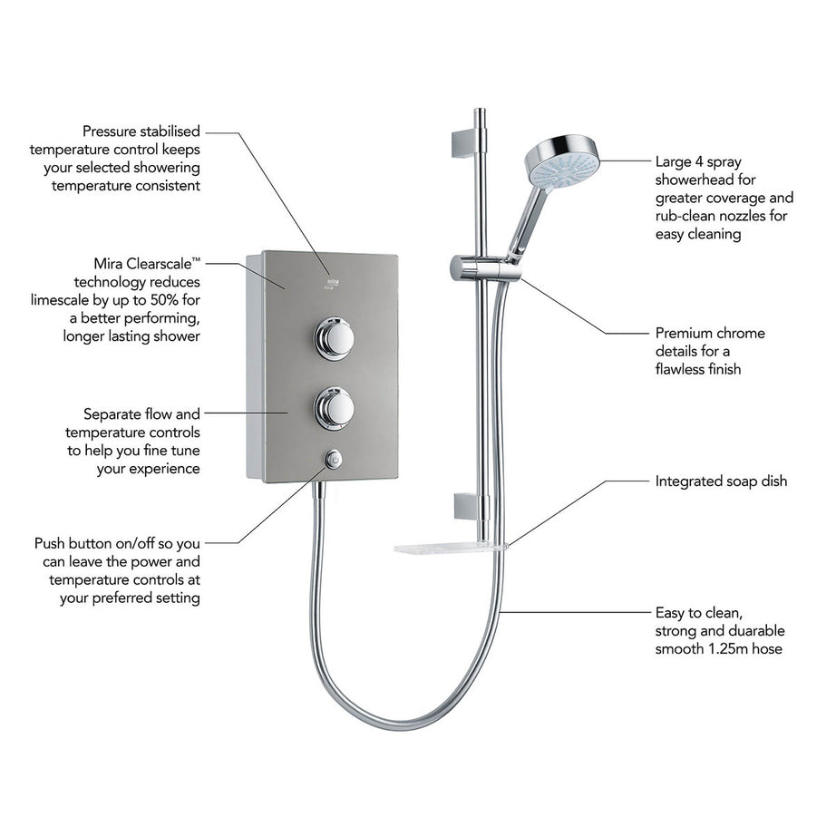 Mira Electric Shower Kit 9.5kW Silver Effect Manual 4 Spray Pattern Modern - Image 5