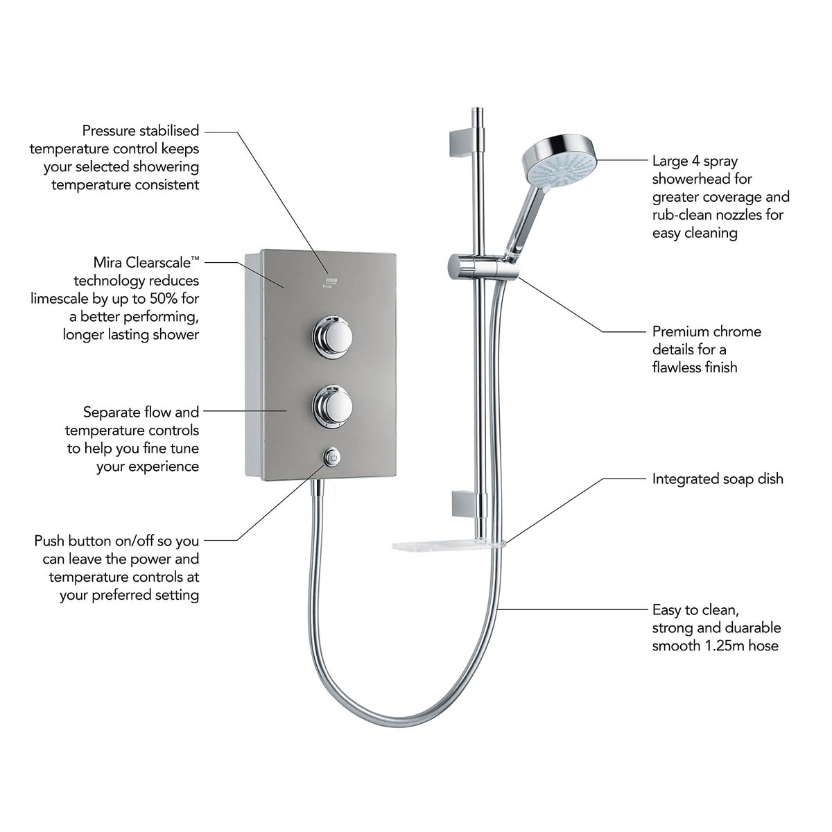 Mira Electric Shower Kit 9.5kW Silver Effect Manual 4 Spray Pattern Modern - Image 5