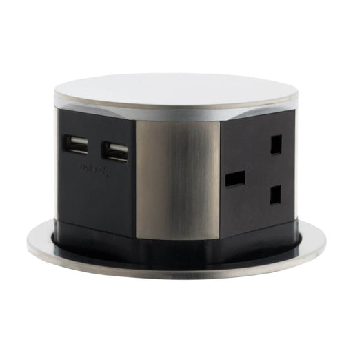 Inset Desktop Socket With USB Hidden Kitchen Office 13A Chrome Effect Plastic - Image 1