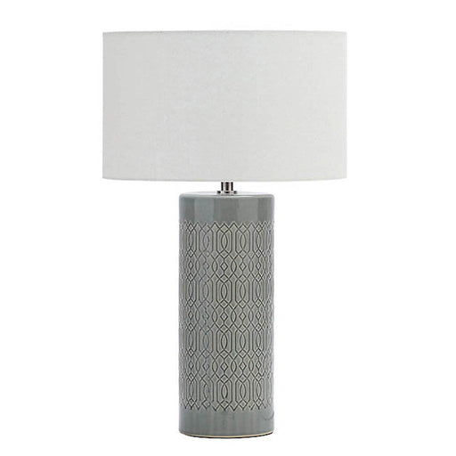 Table Lamp Bedside Sage Green Embossed Ceramic Cylinder Base Drum Shade Modern - Image 1