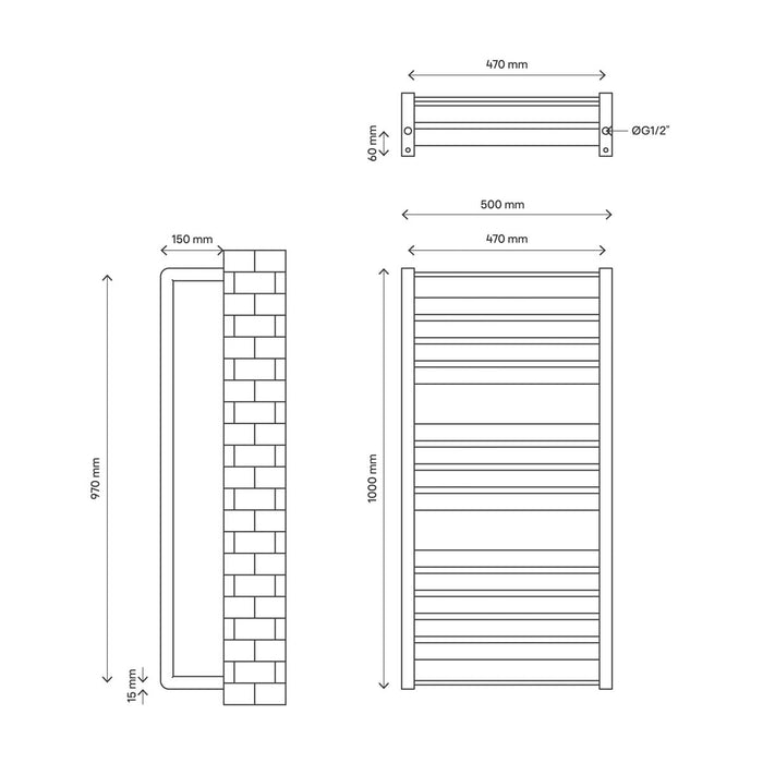 Towel Rail Radiator Grey Flat Steel Bathroom Warmer Ladder (H)100x(W)50cm - Image 2