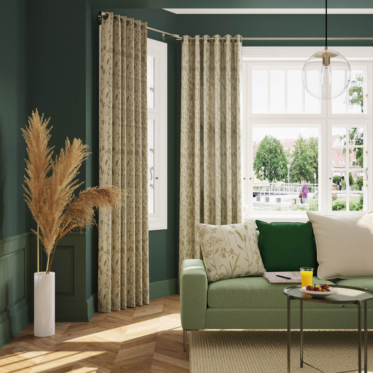 Eyelet Curtain Light Green Herbarium Lined Ready Made Ring Top Pair 167x183cm - Image 2