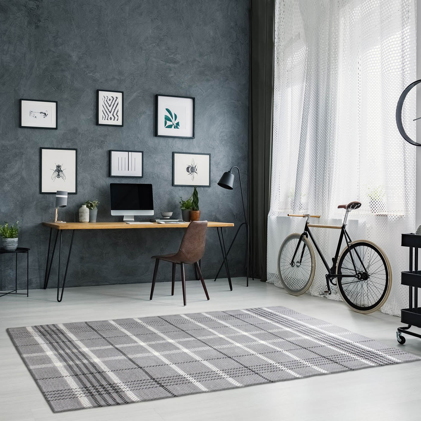 Floor Rug Grey Check Medium Indoor Wool Flat Weave Modern (L)170 x (W)120cm - Image 3