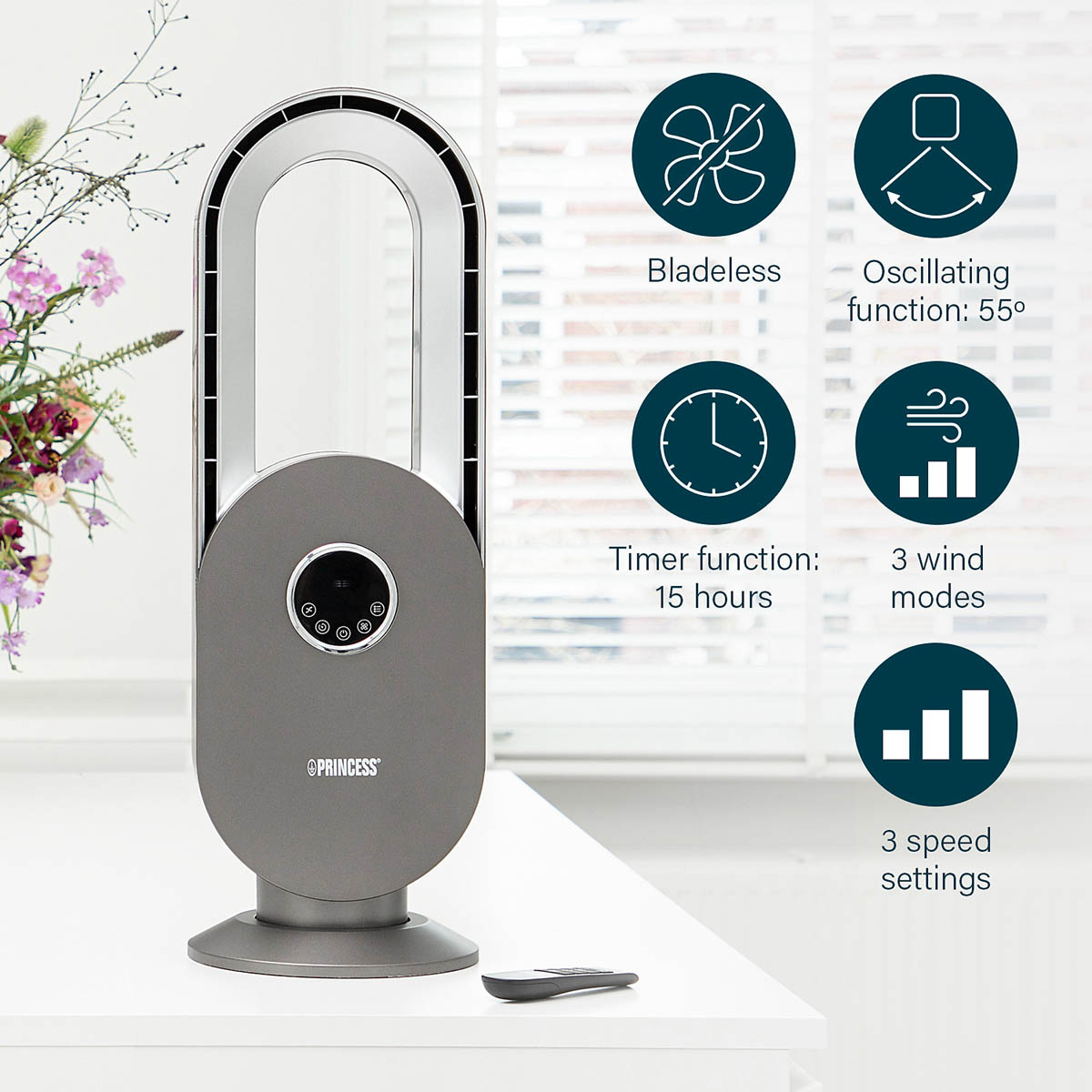 Princess Fan Oscillating Bladeless Cooling LED Remote Control 3 Speed (H)67.5cm - Image 9